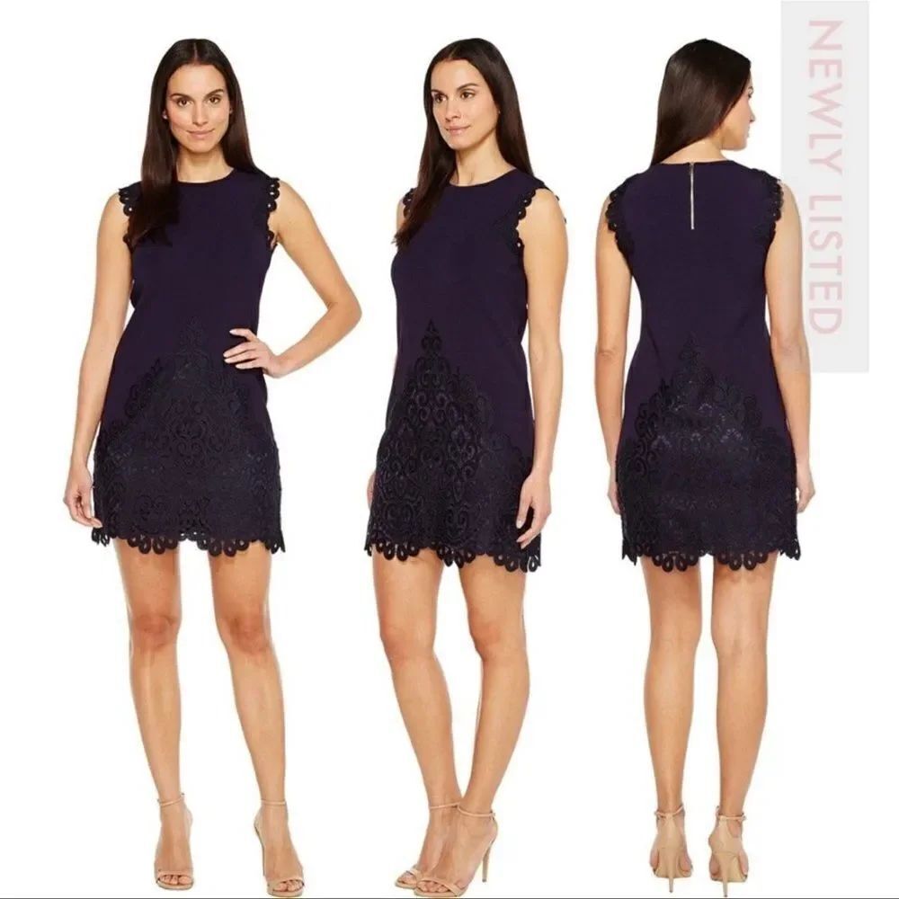Ted Baker L Navy Lucia Knit Sleeveless Lace Trim Back Zip Shift Dress